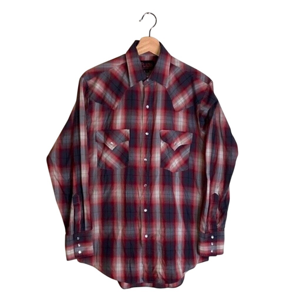 Plains Western Wear Men's Pearl Snap Plaid Long Sleeve Shirt Red Small